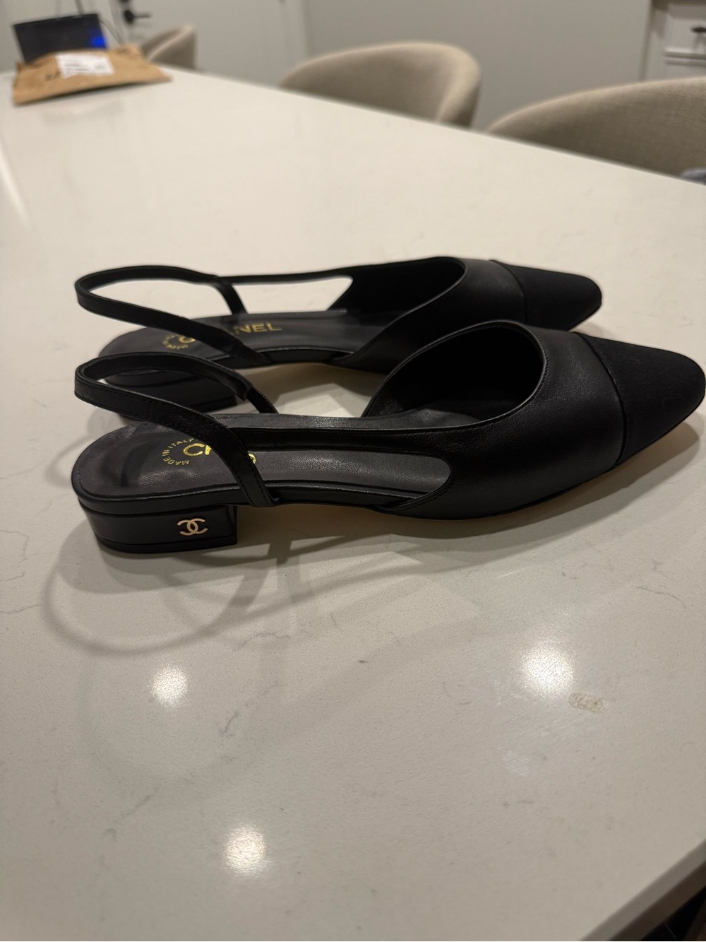 CHANEL Black Slingback Leather Low Heel Pumps